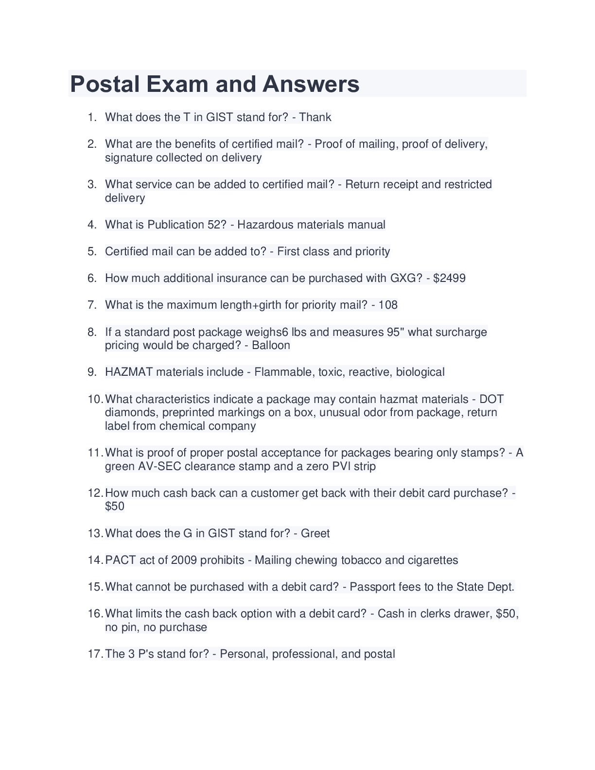 Preview image for Postal Exam and Answers